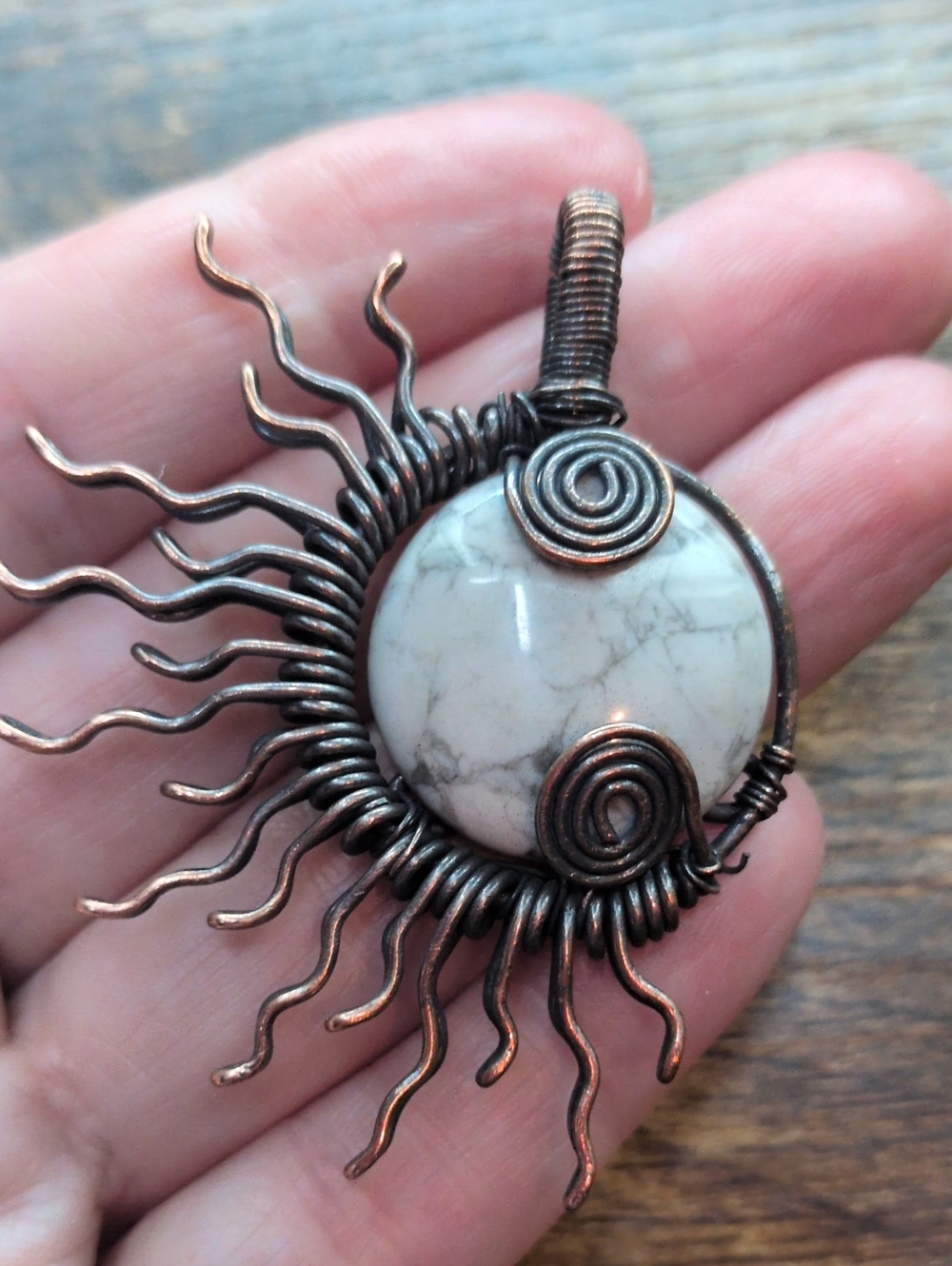 Handcrafted White Howlite Sunburst Pendant in Antiqued Copper
